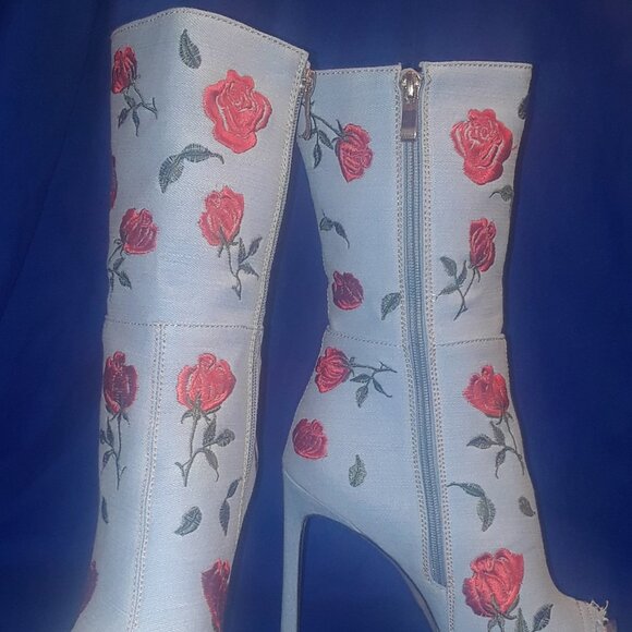 Denim Peep Toe Rose Embroidery Booties ( BRAND NEW !! ) - Picture 1 of 3